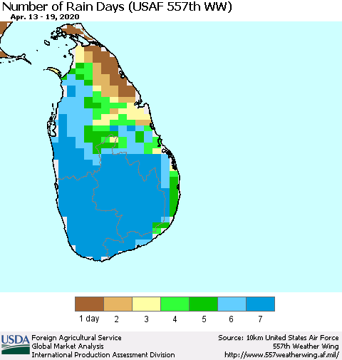Sri Lanka Number of Rain Days (USAF 557th WW) Thematic Map For 4/13/2020 - 4/19/2020