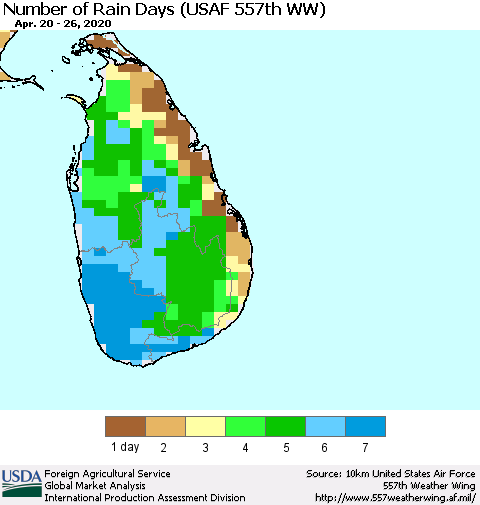 Sri Lanka Number of Rain Days (USAF 557th WW) Thematic Map For 4/20/2020 - 4/26/2020