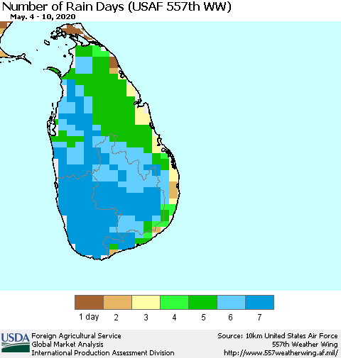 Sri Lanka Number of Rain Days (USAF 557th WW) Thematic Map For 5/4/2020 - 5/10/2020