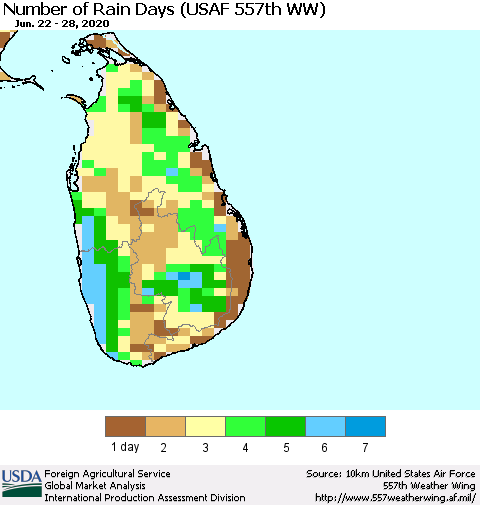 Sri Lanka Number of Rain Days (USAF 557th WW) Thematic Map For 6/22/2020 - 6/28/2020