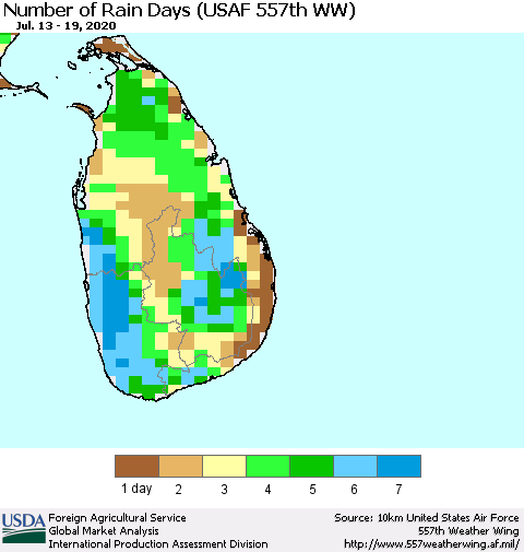 Sri Lanka Number of Rain Days (USAF 557th WW) Thematic Map For 7/13/2020 - 7/19/2020