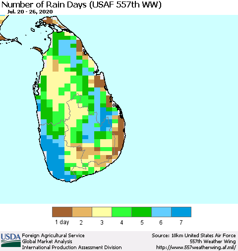Sri Lanka Number of Rain Days (USAF 557th WW) Thematic Map For 7/20/2020 - 7/26/2020
