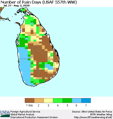 Sri Lanka Number of Rain Days (USAF 557th WW) Thematic Map For 7/27/2020 - 8/2/2020