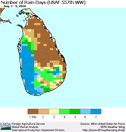 Sri Lanka Number of Rain Days (USAF 557th WW) Thematic Map For 8/3/2020 - 8/9/2020