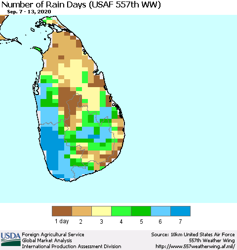 Sri Lanka Number of Rain Days (USAF 557th WW) Thematic Map For 9/7/2020 - 9/13/2020