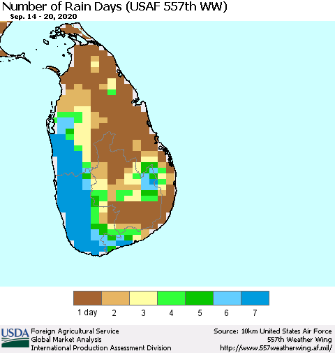 Sri Lanka Number of Rain Days (USAF 557th WW) Thematic Map For 9/14/2020 - 9/20/2020