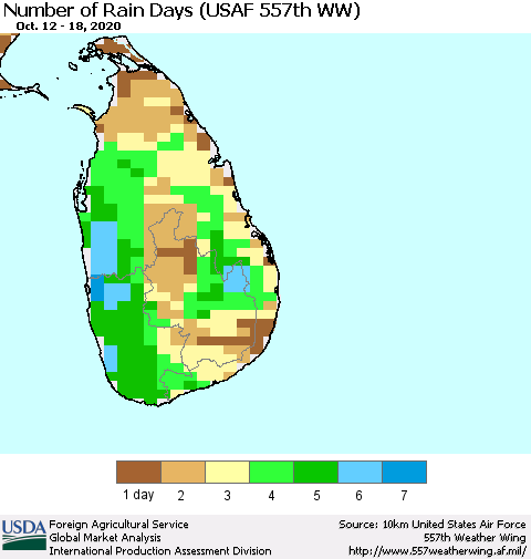 Sri Lanka Number of Rain Days (USAF 557th WW) Thematic Map For 10/12/2020 - 10/18/2020