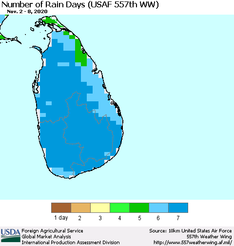 Sri Lanka Number of Rain Days (USAF 557th WW) Thematic Map For 11/2/2020 - 11/8/2020