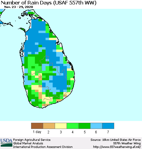 Sri Lanka Number of Rain Days (USAF 557th WW) Thematic Map For 11/23/2020 - 11/29/2020