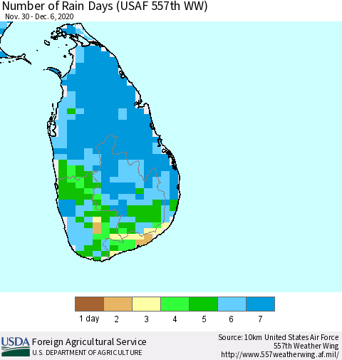 Sri Lanka Number of Rain Days (USAF 557th WW) Thematic Map For 11/30/2020 - 12/6/2020