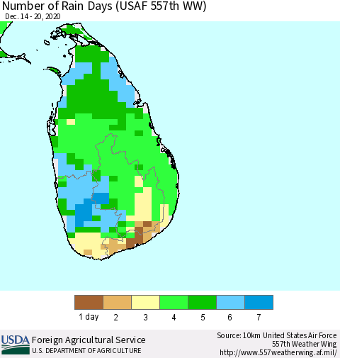 Sri Lanka Number of Rain Days (USAF 557th WW) Thematic Map For 12/14/2020 - 12/20/2020