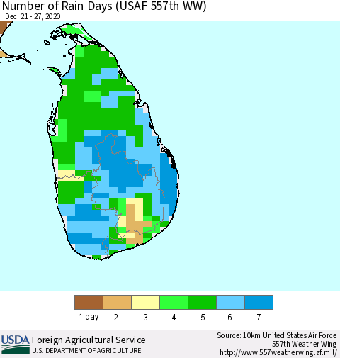 Sri Lanka Number of Rain Days (USAF 557th WW) Thematic Map For 12/21/2020 - 12/27/2020