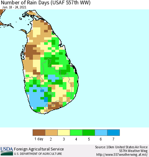 Sri Lanka Number of Rain Days (USAF 557th WW) Thematic Map For 1/18/2021 - 1/24/2021