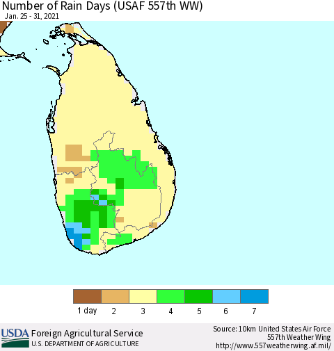 Sri Lanka Number of Rain Days (USAF 557th WW) Thematic Map For 1/25/2021 - 1/31/2021