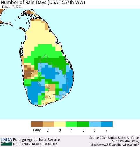 Sri Lanka Number of Rain Days (USAF 557th WW) Thematic Map For 2/1/2021 - 2/7/2021