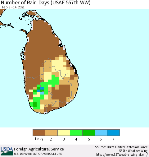 Sri Lanka Number of Rain Days (USAF 557th WW) Thematic Map For 2/8/2021 - 2/14/2021