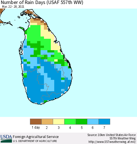 Sri Lanka Number of Rain Days (USAF 557th WW) Thematic Map For 3/22/2021 - 3/28/2021