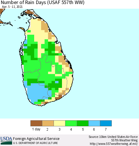 Sri Lanka Number of Rain Days (USAF 557th WW) Thematic Map For 4/5/2021 - 4/11/2021