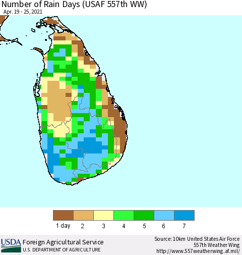 Sri Lanka Number of Rain Days (USAF 557th WW) Thematic Map For 4/19/2021 - 4/25/2021