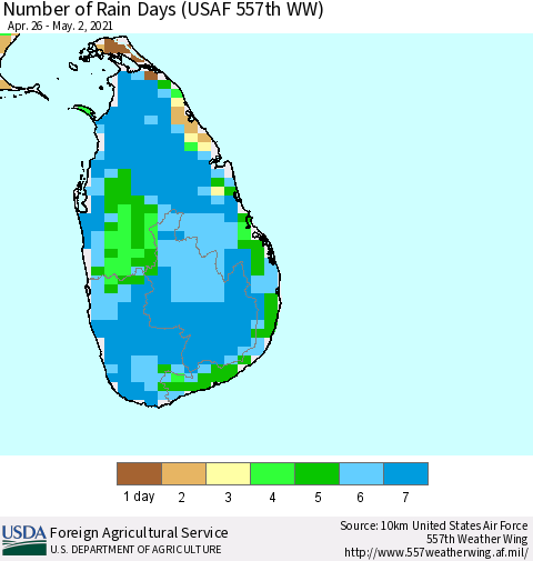 Sri Lanka Number of Rain Days (USAF 557th WW) Thematic Map For 4/26/2021 - 5/2/2021