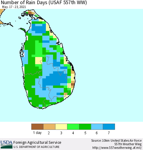Sri Lanka Number of Rain Days (USAF 557th WW) Thematic Map For 5/17/2021 - 5/23/2021