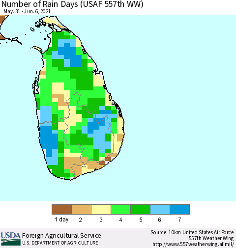 Sri Lanka Number of Rain Days (USAF 557th WW) Thematic Map For 5/31/2021 - 6/6/2021