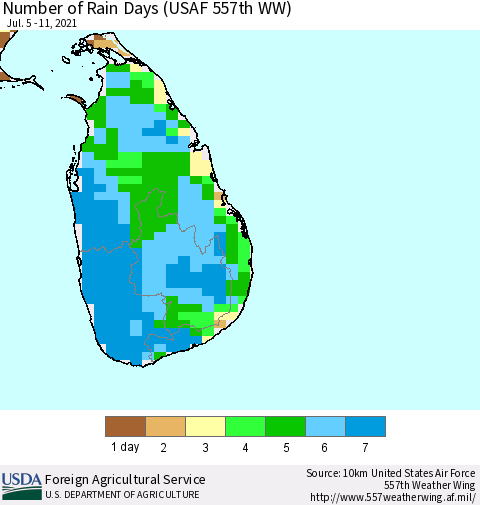 Sri Lanka Number of Rain Days (USAF 557th WW) Thematic Map For 7/5/2021 - 7/11/2021