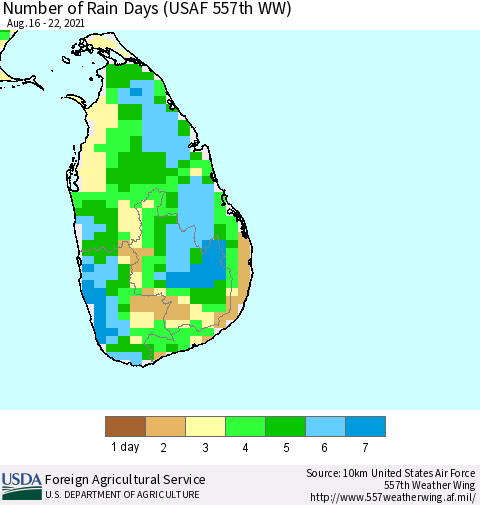 Sri Lanka Number of Rain Days (USAF 557th WW) Thematic Map For 8/16/2021 - 8/22/2021