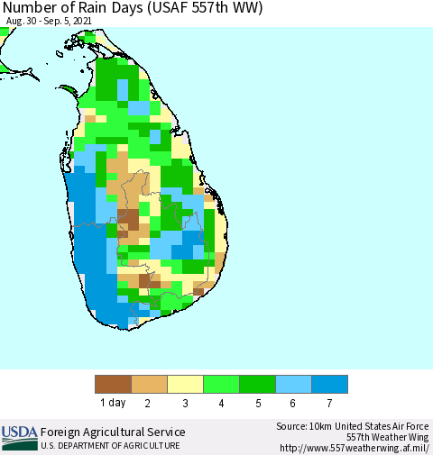 Sri Lanka Number of Rain Days (USAF 557th WW) Thematic Map For 8/30/2021 - 9/5/2021