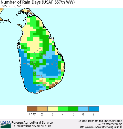 Sri Lanka Number of Rain Days (USAF 557th WW) Thematic Map For 9/13/2021 - 9/19/2021