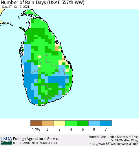 Sri Lanka Number of Rain Days (USAF 557th WW) Thematic Map For 9/27/2021 - 10/3/2021