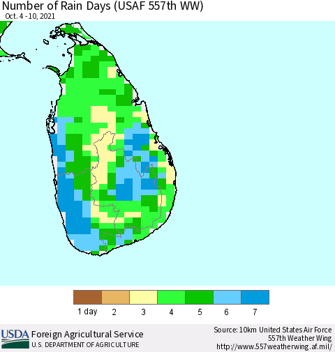 Sri Lanka Number of Rain Days (USAF 557th WW) Thematic Map For 10/4/2021 - 10/10/2021