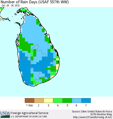 Sri Lanka Number of Rain Days (USAF 557th WW) Thematic Map For 10/18/2021 - 10/24/2021