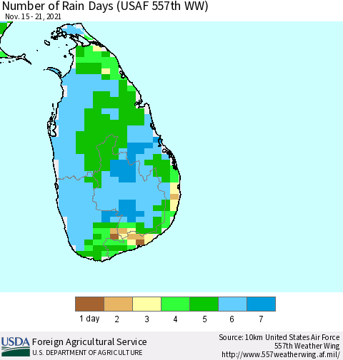 Sri Lanka Number of Rain Days (USAF 557th WW) Thematic Map For 11/15/2021 - 11/21/2021
