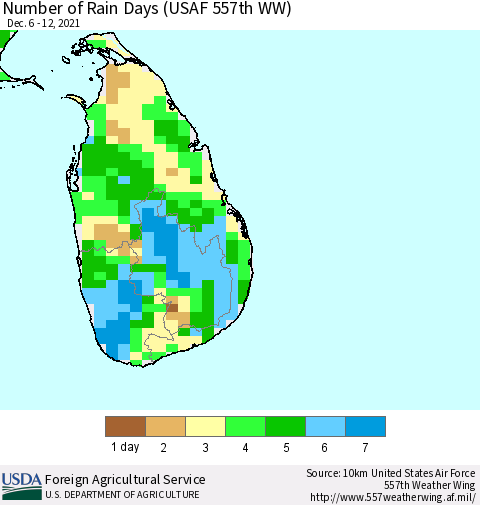 Sri Lanka Number of Rain Days (USAF 557th WW) Thematic Map For 12/6/2021 - 12/12/2021