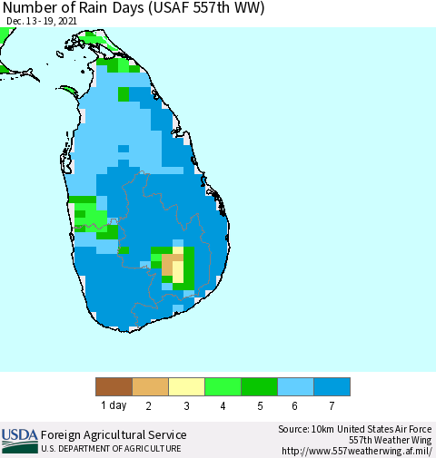 Sri Lanka Number of Rain Days (USAF 557th WW) Thematic Map For 12/13/2021 - 12/19/2021