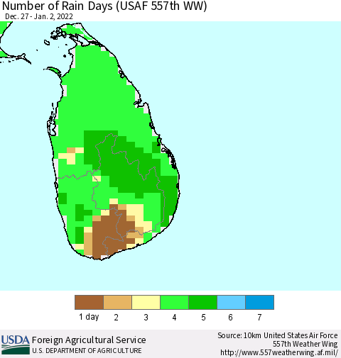 Sri Lanka Number of Rain Days (USAF 557th WW) Thematic Map For 12/27/2021 - 1/2/2022