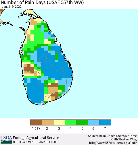 Sri Lanka Number of Rain Days (USAF 557th WW) Thematic Map For 1/3/2022 - 1/9/2022