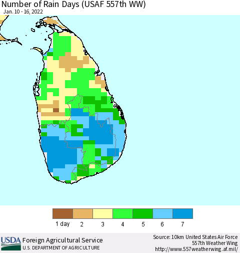 Sri Lanka Number of Rain Days (USAF 557th WW) Thematic Map For 1/10/2022 - 1/16/2022