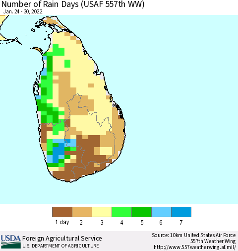 Sri Lanka Number of Rain Days (USAF 557th WW) Thematic Map For 1/24/2022 - 1/30/2022