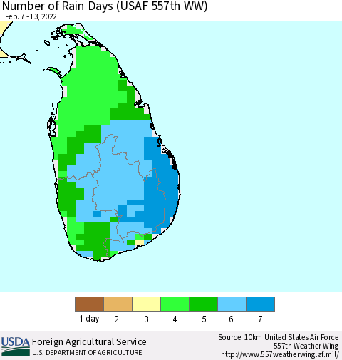 Sri Lanka Number of Rain Days (USAF 557th WW) Thematic Map For 2/7/2022 - 2/13/2022
