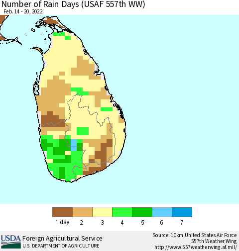 Sri Lanka Number of Rain Days (USAF 557th WW) Thematic Map For 2/14/2022 - 2/20/2022