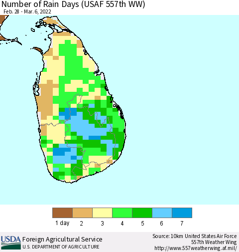 Sri Lanka Number of Rain Days (USAF 557th WW) Thematic Map For 2/28/2022 - 3/6/2022