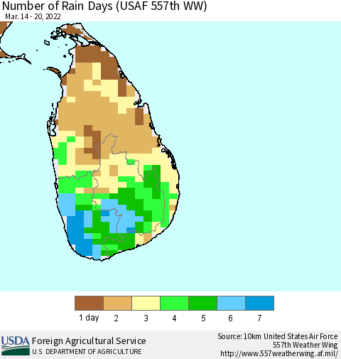 Sri Lanka Number of Rain Days (USAF 557th WW) Thematic Map For 3/14/2022 - 3/20/2022