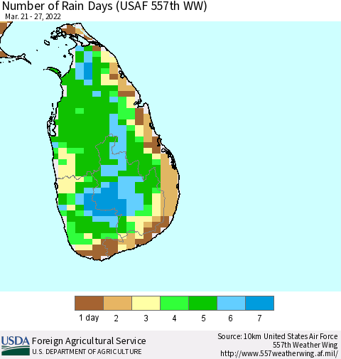 Sri Lanka Number of Rain Days (USAF 557th WW) Thematic Map For 3/21/2022 - 3/27/2022