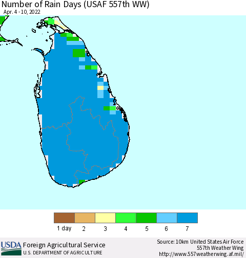 Sri Lanka Number of Rain Days (USAF 557th WW) Thematic Map For 4/4/2022 - 4/10/2022