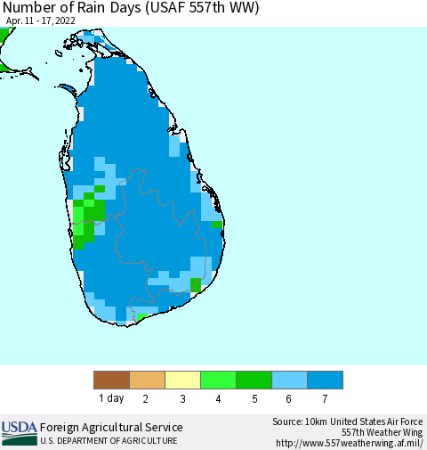 Sri Lanka Number of Rain Days (USAF 557th WW) Thematic Map For 4/11/2022 - 4/17/2022