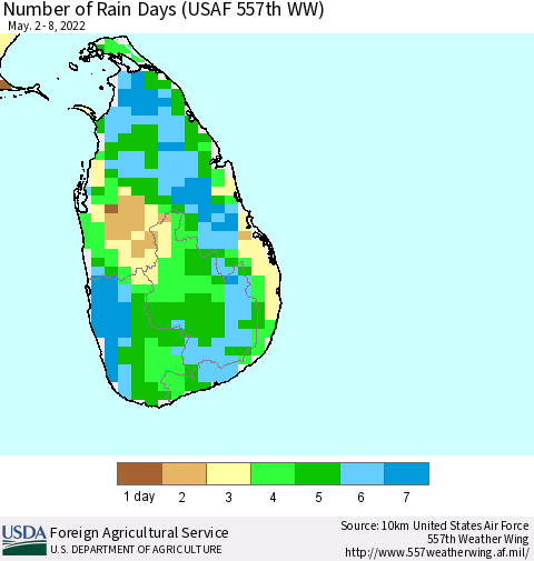 Sri Lanka Number of Rain Days (USAF 557th WW) Thematic Map For 5/2/2022 - 5/8/2022