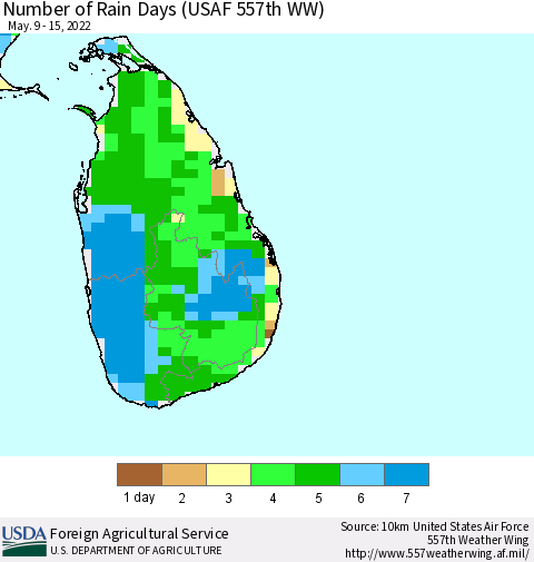 Sri Lanka Number of Rain Days (USAF 557th WW) Thematic Map For 5/9/2022 - 5/15/2022