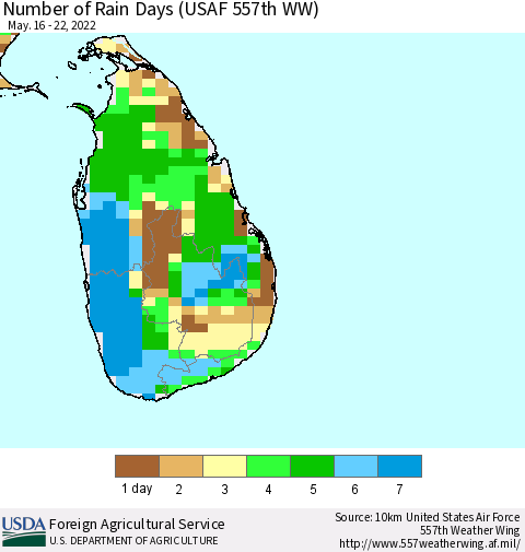 Sri Lanka Number of Rain Days (USAF 557th WW) Thematic Map For 5/16/2022 - 5/22/2022